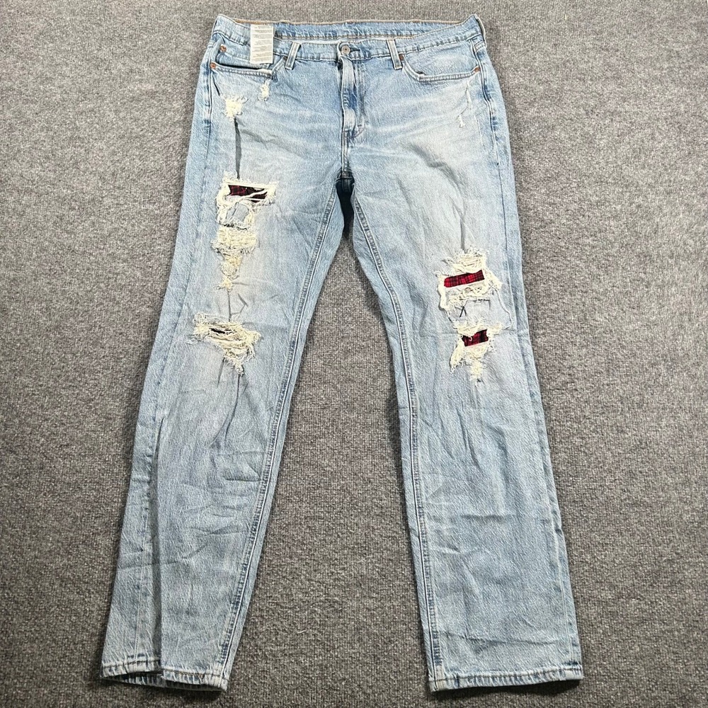 Levi's Jeans Mens 38x34 Blue 541 Athletic Taper Distressed Plaid Patch Denim